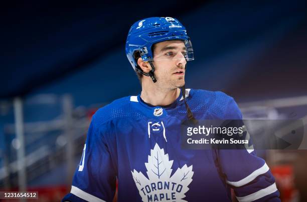 Kenny Agostino of the Toronto Maple Leafs warms up before facing the Winnipeg Jets at the Scotiabank Arena on March 11, 2021 in Toronto, Ontario,...