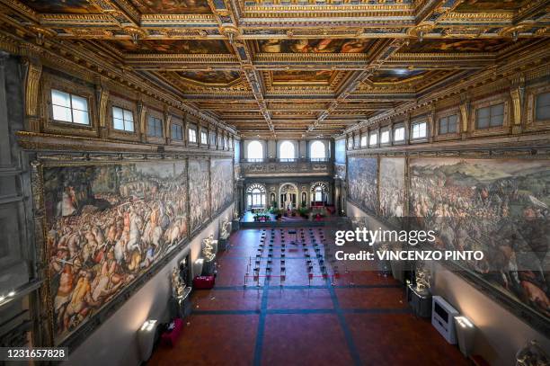 Photo taken on February 23, 2021 in Florence shows The 15th Century Hall of the Five Hundred , the largest and most important room in terms of...