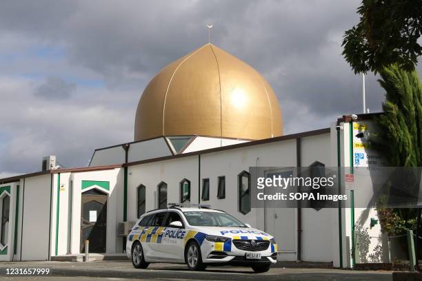 Police car seen at the Al-Noor Mosque ahead of the Remembrance service. Police presence around the two Mosques attacked in 2019 is being ramped up....