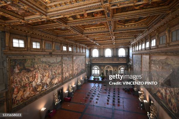 Photo taken on February 23, 2021 in Florence shows The 15th Century Hall of the Five Hundred , the largest and most important room in terms of...