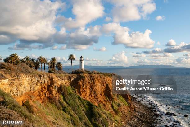 General views of Point Vicente Lighthouse against the backdrop of Santa Catalina Island on March 11, 2021 in Rancho Palos Verdes, California.