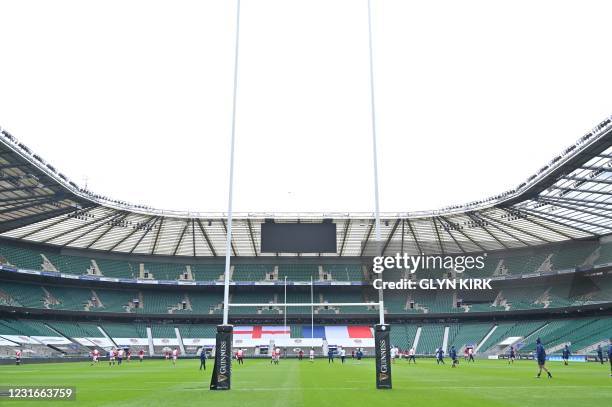 England's players take part in an England team training session at Twickenham Stadium, south west London on March 12 on the eve of the Six Nations...