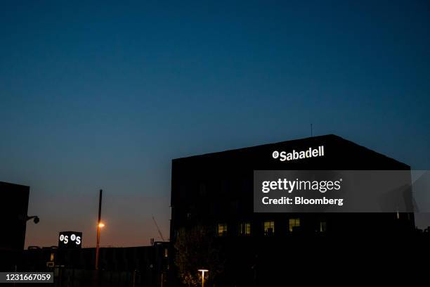 The Banco de Sabadell SA headquarters before sunrise in Sant Cugat del Valles, Spain, on Wednesday, March 10, 2021. Spains first power auction in...