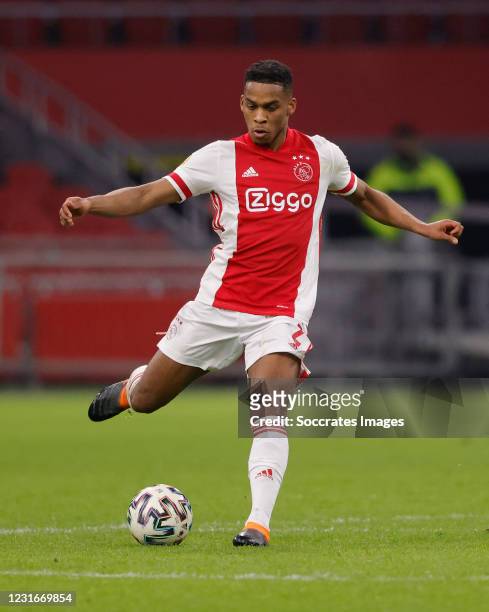 Jurrien Timber of Ajax during the Dutch Eredivisie match between Ajax v Willem II at the Johan Cruijff Arena on January 28, 2021 in Amsterdam...