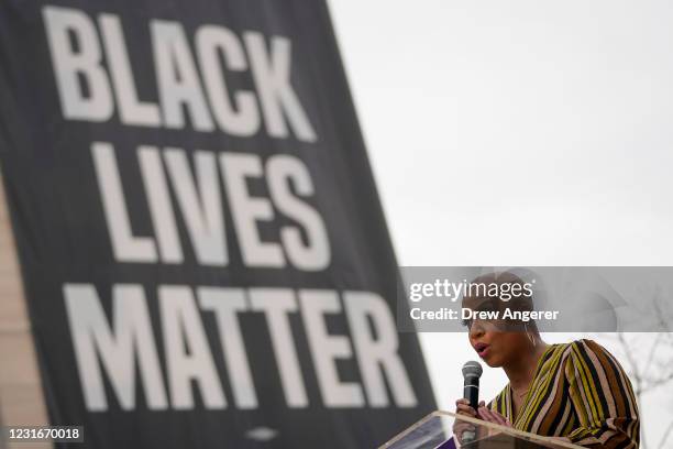 Rep. Ayanna Pressley speaks at the National Council for Incarcerated Women and Girls "100 Women for 100 Women" rally at Black Lives Matter Plaza on...