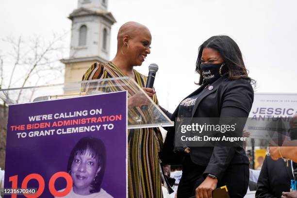 Rep. Ayanna Pressley introduces Rep. Cori Bush at the National Council for Incarcerated Women and Girls "100 Women for 100 Women" rally at Black...