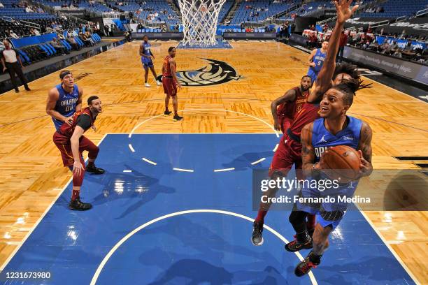 Markelle Fultz of the Orlando Magic drives to the basket during the game against the Cleveland Cavaliers on January 6, 2021 at Amway Center in...