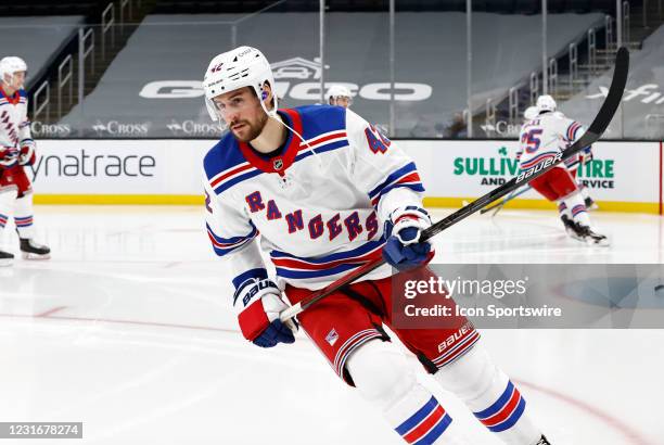 New York Rangers defenseman Brendan Smith skates in warm up before a game between the Boston Bruins and the New York Rangers on March 11 at TD Garden...