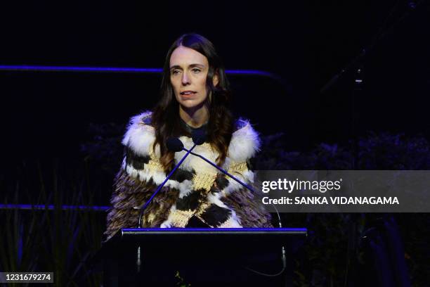 New Zealand's Prime Minister Jacinda Ardern speaks during a national remembrance service in Christchurch on March 13 to mark two years since the...