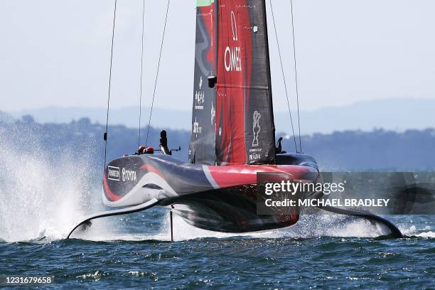 Emirates Team New Zealand competes with Luna Rossa Prada Pirelli during race five on day three of the 36th America's Cup in Auckland on March 13,...