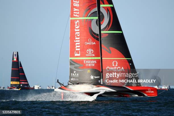 Emirates Team New Zealand competes with Luna Rossa Prada Pirelli during race six on day three of the 36th America's Cup in Auckland on March 13, 2021.