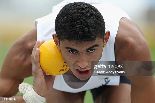Larbi Bouraada of Algeria competes in the shot put in the men's decathlon during day one of the 13th IAAF World Athletics Championships at the Daegu...