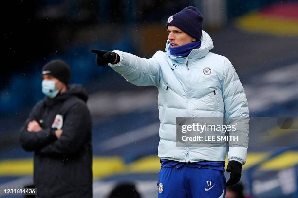 Chelsea's German head coach Thomas Tuchel shouts instructions to his players from the touchline during the English Premier League football match...