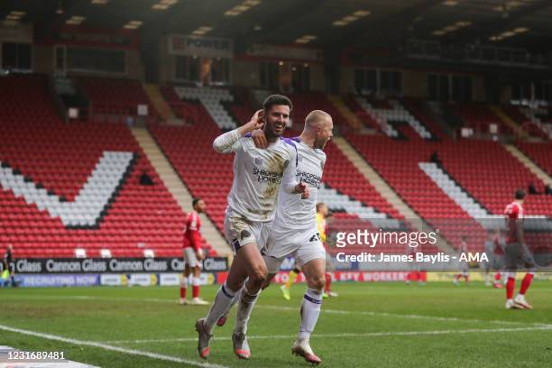 Sean Goss of Shrewsbury Town celebrates after scoring a goal to make it 0-1 during the Sky Bet League One match between Charlton Athletic and...
