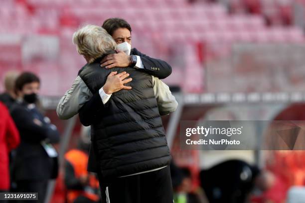 Benfica's head coach Jorge Jesus hugs Rui Costa during the Portuguese League football match between SL Benfica and Boavista FC at the Luz stadium in...
