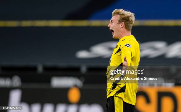 Julian Brandt of Borussia Dortmund celebrates scoring his goal to the 1:0 during the Bundesliga match between Borussia Dortmund and Hertha BSC at the...