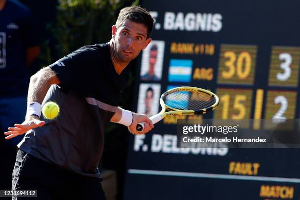 Federico Delbonis of Argentina plays a forehand during a match against Facundo Bagnis of Argentina as part of the semifinal of Chile Dove Men+Care...