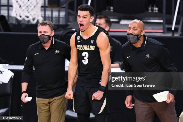 Colorado Buffaloes guard Maddox Daniels celebrates during the semifinal game of the men's Pac-12 Tournament between the Colorado Buffaloes and the...