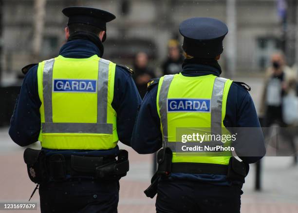 Members of An Garda Siochana patrol Dublin's busy city center a few days before St. Patrick's Day. On Saturday, 13 March 2021, in Dublin, Ireland.