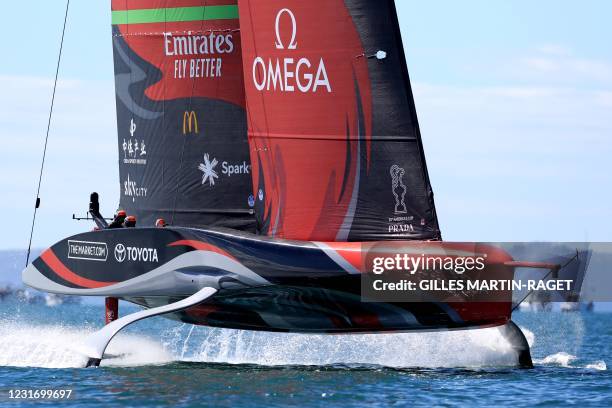 Emirates Team New Zealand sails on day four prior to race seven of the 36th America's Cup against Luna Rossa Prada Pirelli in Auckland on March 14,...