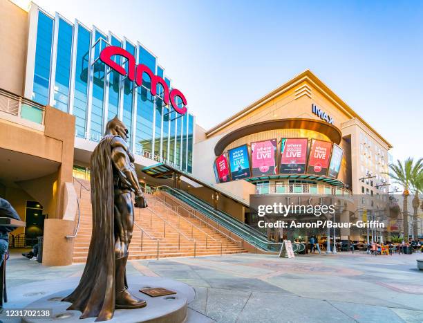 General views of the AMC Burbank 16 and the Batman bronze statue in Downtown Burbank. The movie theater will open alongside the AMC Century City 15...