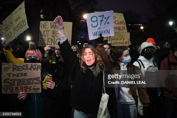 Protesters calling for greater public safety for women after the death of Sarah Everard, against the police handling of a gathering on Clapham Common...