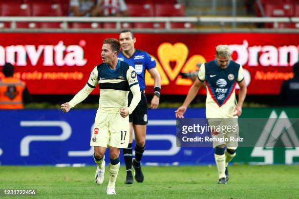 Francisco Córdova of America celebrates with his teammates third goal of his team during the 11th round match between Chivas and America as part of...