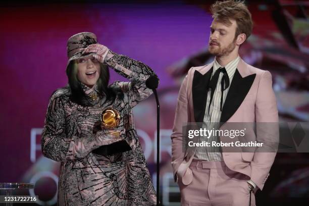 Los Angeles, CA, Sunday, March 14, 2021 - Billie Eilish and brother Finneas accepts the award for Album of the Year at the 63rd Grammy Award outside...