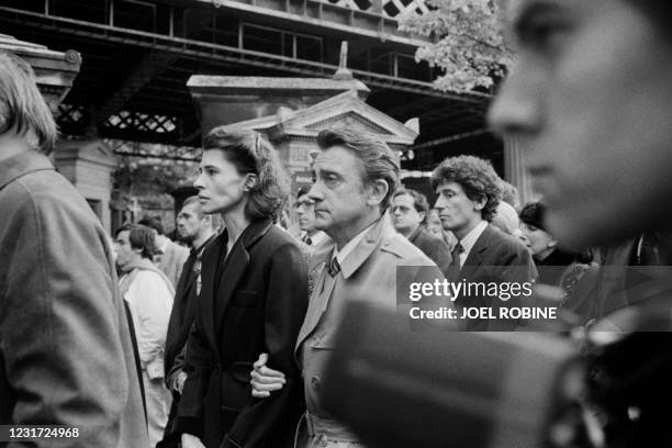 French actress Fanny Ardant attends the funeral ceremony of his companion French filmmaker François Truffaut, with Serge Rousseau, director of Art...