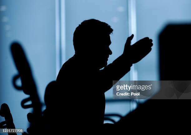 Co-leader of Germany's Green party Robert Habeck gestures as he speaks to media the day after elections in the states of Baden-Wuerttemberg and...