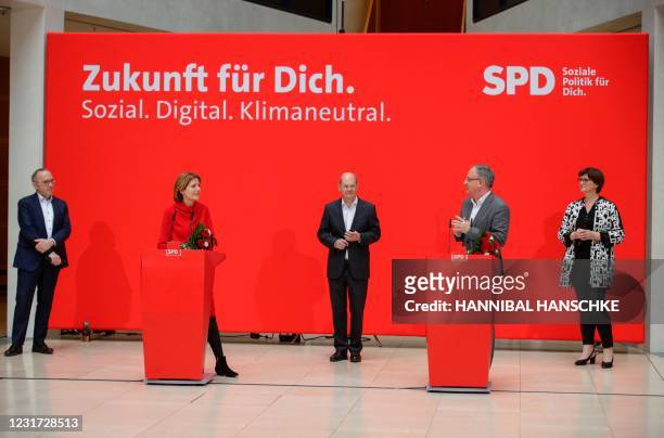 Andreas Stoch , Baden Wuerttemberg's top candidate of the German Social Democratic party, speaks next to Rhineland-Palatinate's State Premier and SPD...