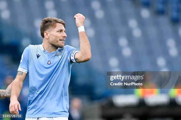 Ciro Immobile of SS Lazio argues with the referee during the Serie A match between SS Lazio and FC Crotone at Stadio Olimpico, Rome, Italy on 12...