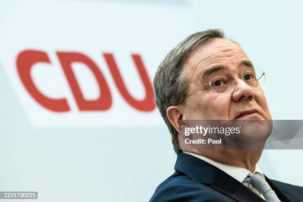 Christian Democratic Union party chairman, Armin Laschet speaks to media at Konrad Adenauer House on March 15, 2021 in Berlin, Germany. CDU...