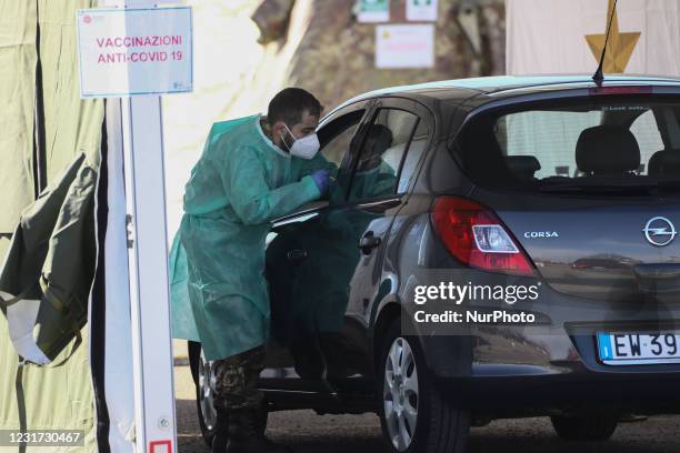 Inauguration of Drive Through anti Covid vaccinations at Parcheggio Parco Trenno in Milan, Milano on March 15, 2021 Italy.
