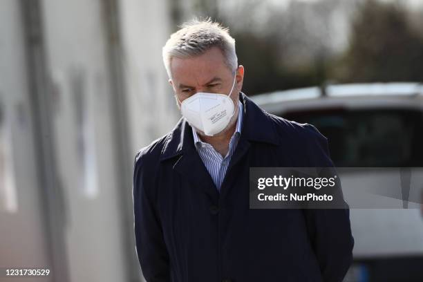 Lorenzo Guerini is seen at Inauguration of Drive Through anti Covid vaccinations at Parcheggio Parco Trenno in Milan, Milano on March 15, 2021 Italy.