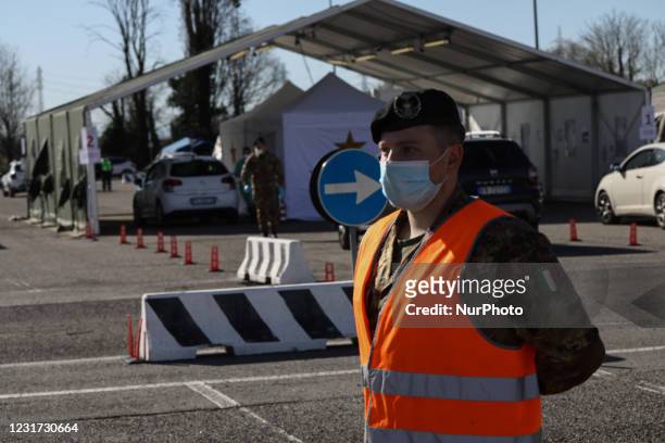 Inauguration of Drive Through anti Covid vaccinations at Parcheggio Parco Trenno in Milan, Milano on March 15, 2021 Italy.