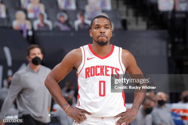 Sterling Brown of the Houston Rockets looks on during the game against the Sacramento Kings on March 11, 2021 at Golden 1 Center in Sacramento,...