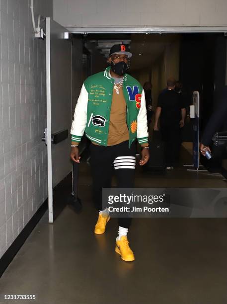 LeBron James of Team LeBron arrives for the game against Team Durant during 70th NBA All-Star Game on March 7, 2021 at State Farm Arena in Atlanta,...