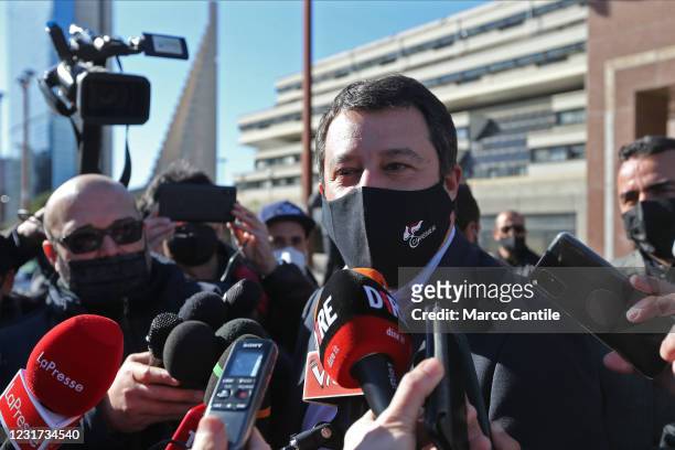 The leader of the league's political party, Matteo Salvini, with a mask to protect himself from the Covid-19 coronavirus, at the Naples court, talks...