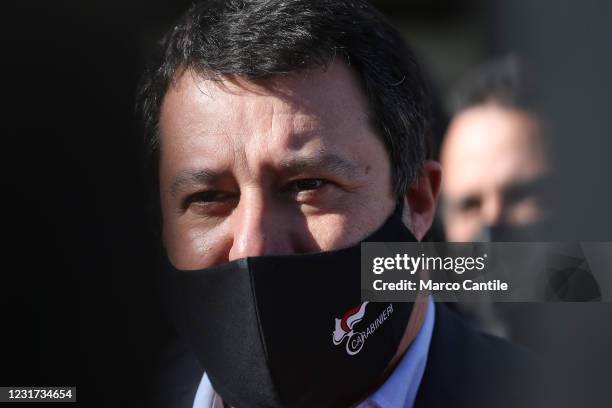 The leader of the league's political party, Matteo Salvini, with a mask to protect himself from the Covid-19 coronavirus, at the Naples court after...