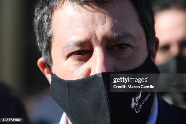 The leader of the league's political party, Matteo Salvini, with a mask to protect himself from the Covid-19 coronavirus, at the Naples court after...