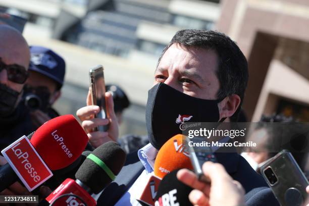 The leader of the league's political party, Matteo Salvini, with a mask to protect himself from the Covid-19 coronavirus, at the Naples court, talks...