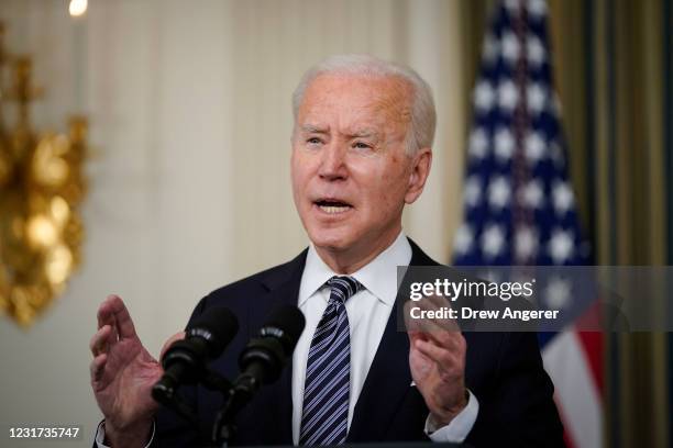 President Joe Biden delivers remarks in the State Dining Room of the White House on March 15, 2021 in Washington, DC. The administration announced on...
