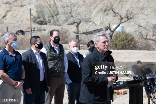 House Minority Leader Kevin McCarthy addresses the press during the congressional border delegation visit to El Paso, Texas on March 15, 2021. -...