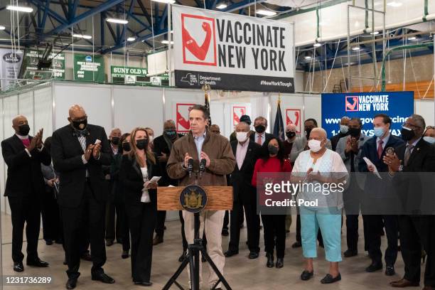 New York Gov. Andrew Cuomo speaks during a visit to a COVID-19 vaccination site at State University of New York on March 15, 2021 in Old Westbury,...