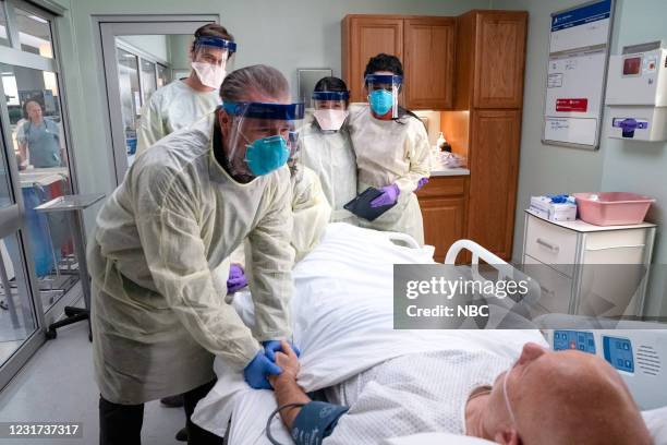 Essential Workers" Episode 302 -- Pictured: Ryan Eggold as Dr. Max Goodwin, Tyler Labine as Dr. Iggy Frome, Anupam Kher as Dr. Vijay Kapoor, Freema...