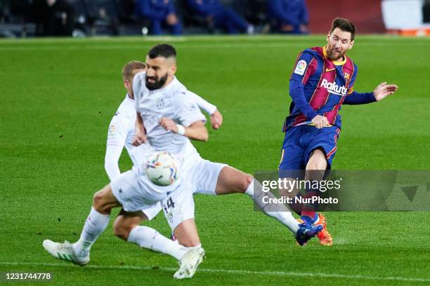 Lionel Messi of FC Barcelona score a goal during the Liga match between FC Barcelona and SD Huesca at Camp Nou in Barcelona, Spain.