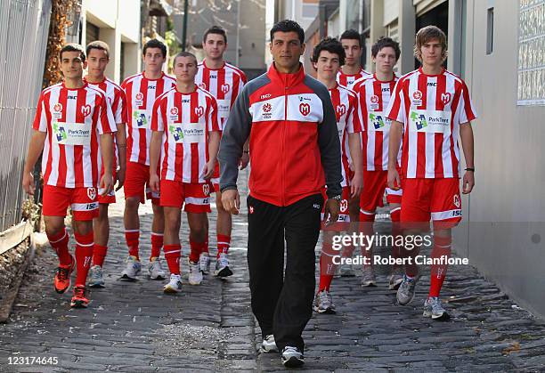 Heart youth coach John Aloisi poses with members of the Heart youth squad during a Melbourne Heart media session, announcing their inagural Youth...