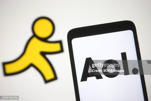 In this photo illustration, AOL logo is seen on a smartphone screen.