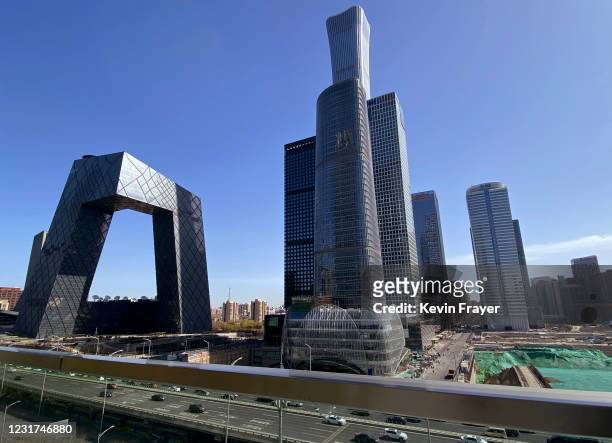 The CCTV building and the Central Business District is seen under clear skies after the air cleared on March 16, 2021 in Beijing, China. China's...